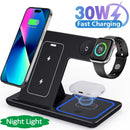 Estação de carregamento por indução 3 em 1, 30w Led Dobrável para Iphone, Apple Watch 5 em diante e Airpods pro