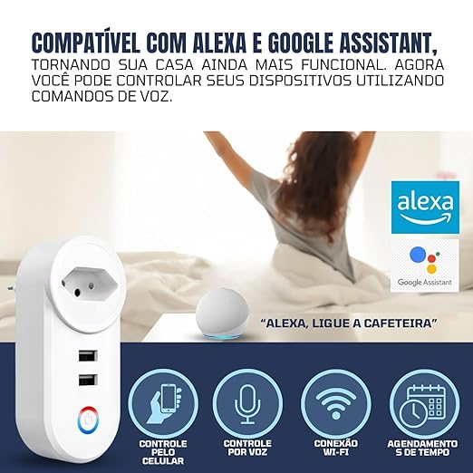 Tomada Inteligente Wifi, Controle por Celular, Controle por Voz (Alexa, Google Home), 1 Tomada, 2 entradasUsb