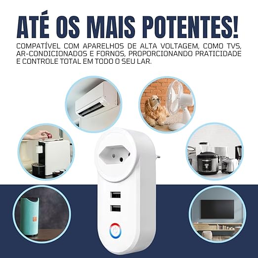 Tomada Inteligente Wifi, Controle por Celular, Controle por Voz (Alexa, Google Home), 1 Tomada, 2 entradasUsb