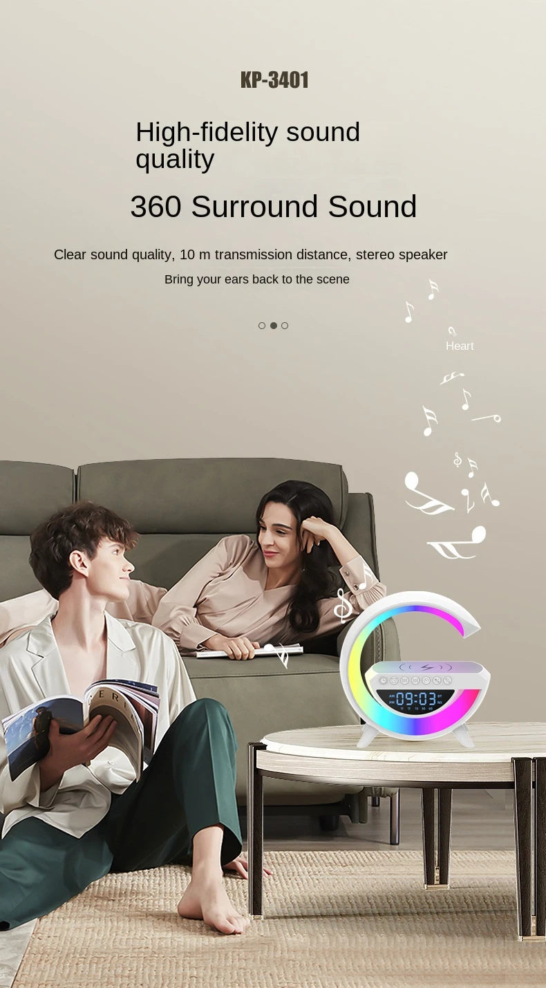 Estação Inteligente Bluetooth, Luz RGB, Carregador Sem Fio, Relógio Doméstico e Leitor de Música