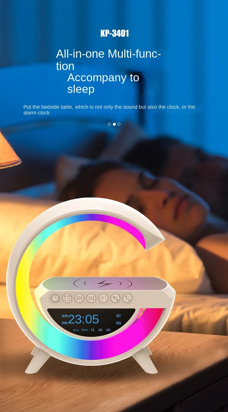 Estação Inteligente Bluetooth, Luz RGB, Carregador Sem Fio, Relógio Doméstico e Leitor de Música