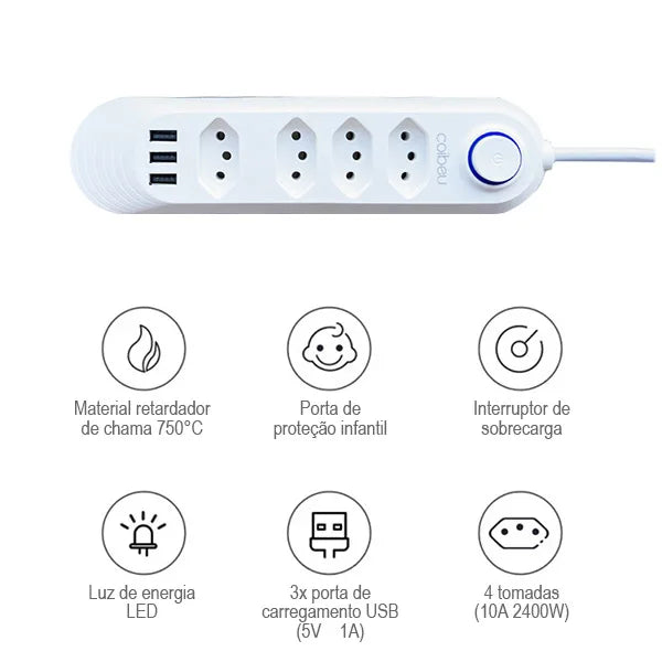 Tomada Filtro de Linha com 3 entradas USB