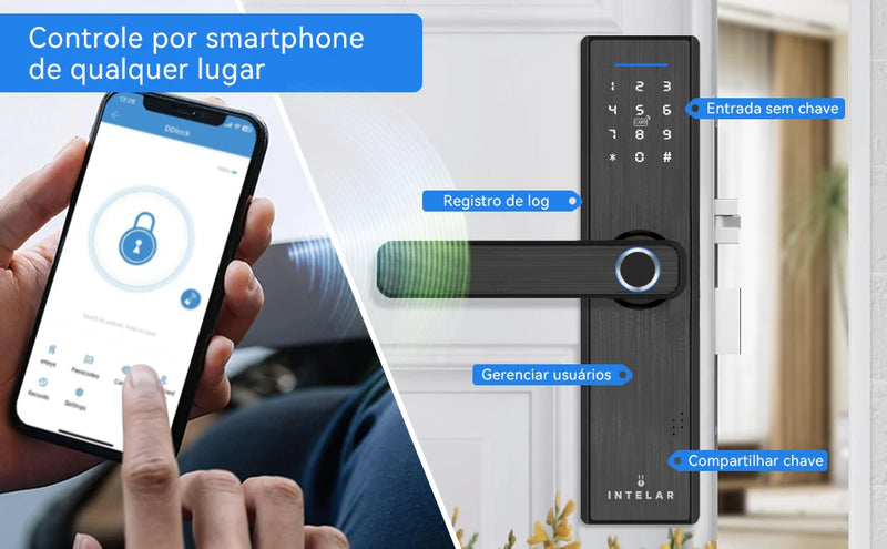 Fechadura Inteligente Intelar X1 Tuya Wifi e Bluetooth, Com Biometria(Leitura digital), Senha, Cartão IC Magnético