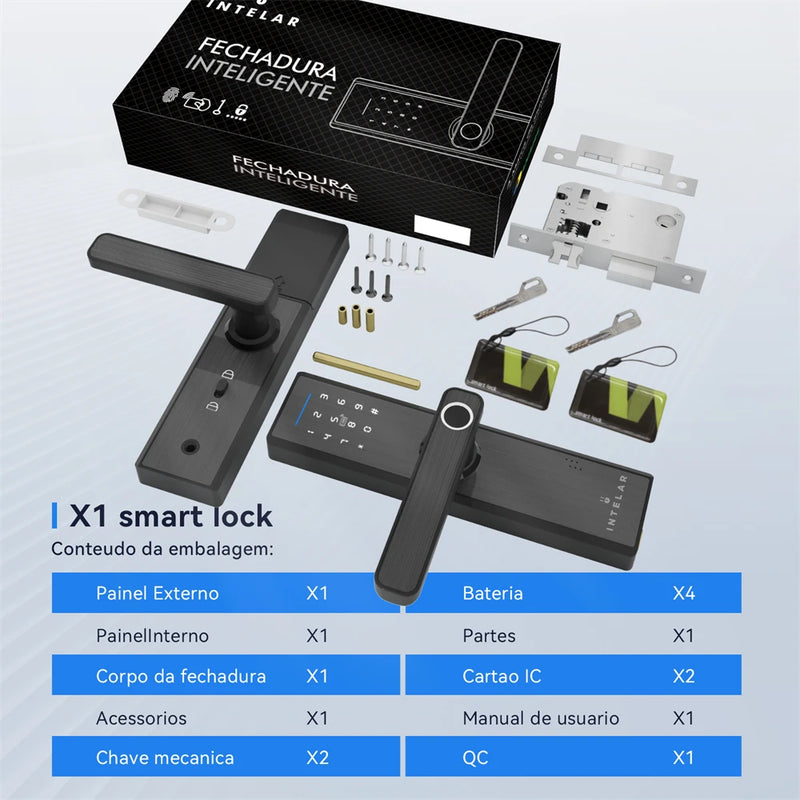 Fechadura Inteligente Intelar X1 Tuya Wifi e Bluetooth, Com Biometria(Leitura digital), Senha, Cartão IC Magnético