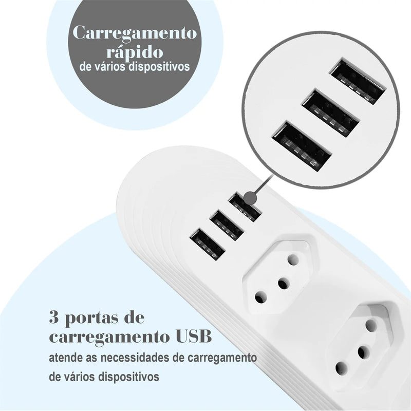 Tomada Filtro de Linha com 3 entradas USB