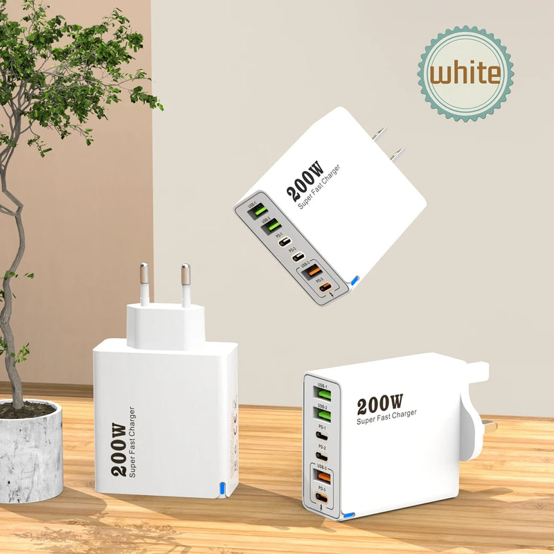 Carregador 200W com 6 portas | Carregamento Rápido USB A | USB tipo C