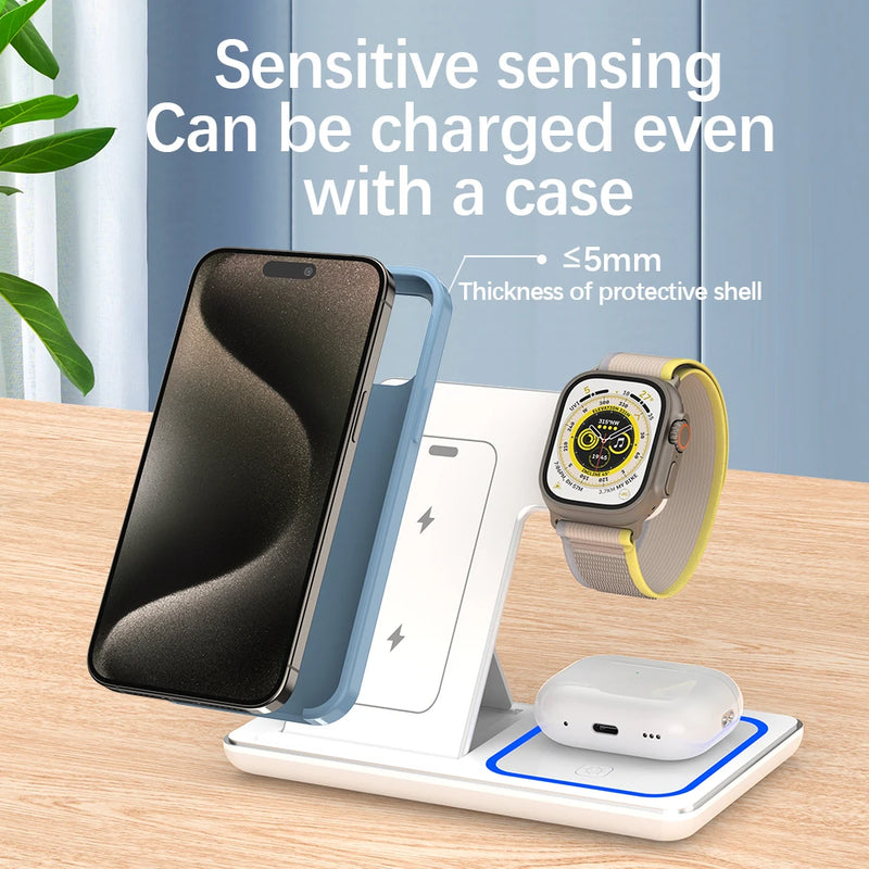 Estação de carregamento por indução 3 em 1, 30w Led Dobrável para Iphone, Apple Watch 5 em diante e Airpods pro