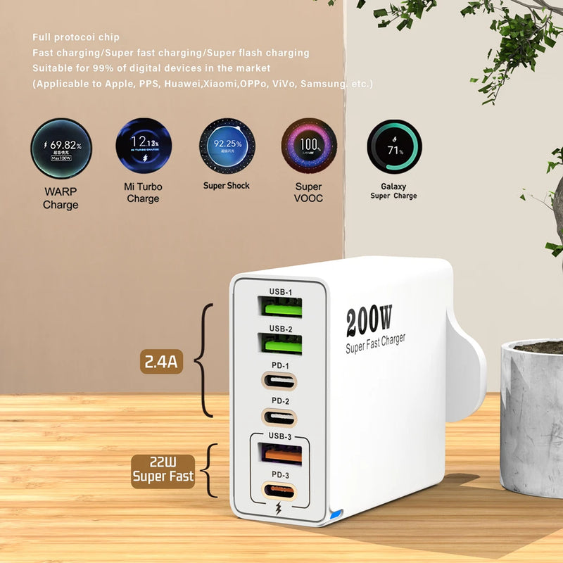 Carregador 200W com 6 portas | Carregamento Rápido USB A | USB tipo C