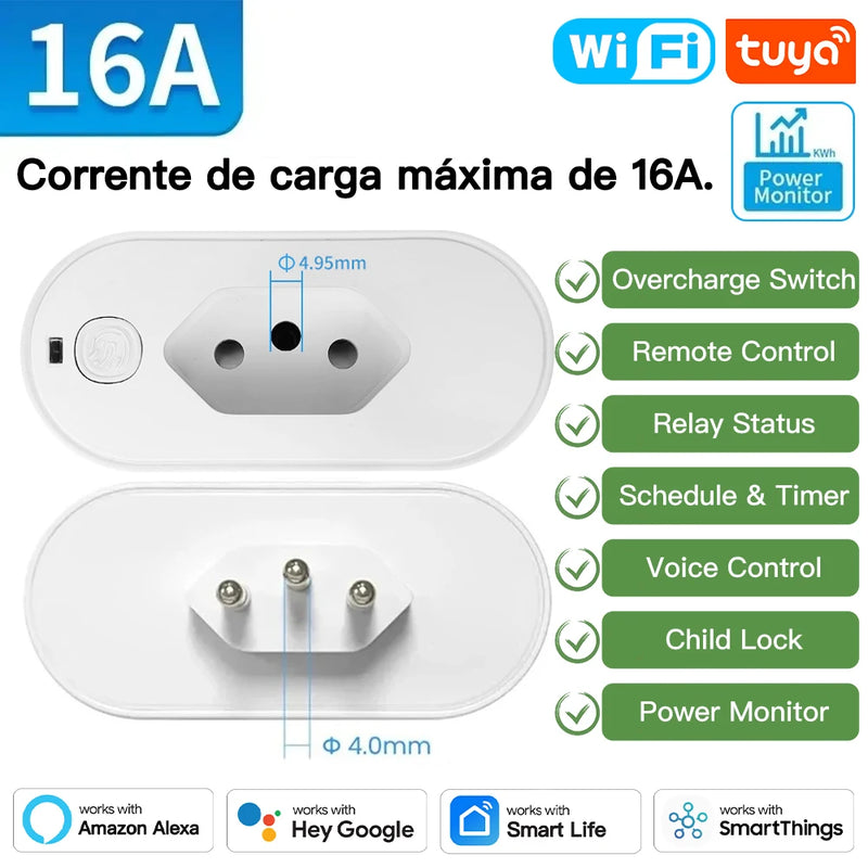 Tomada inteligente Tuya com monitor de energia via APP, Comando de Voz Alexa, Google Home